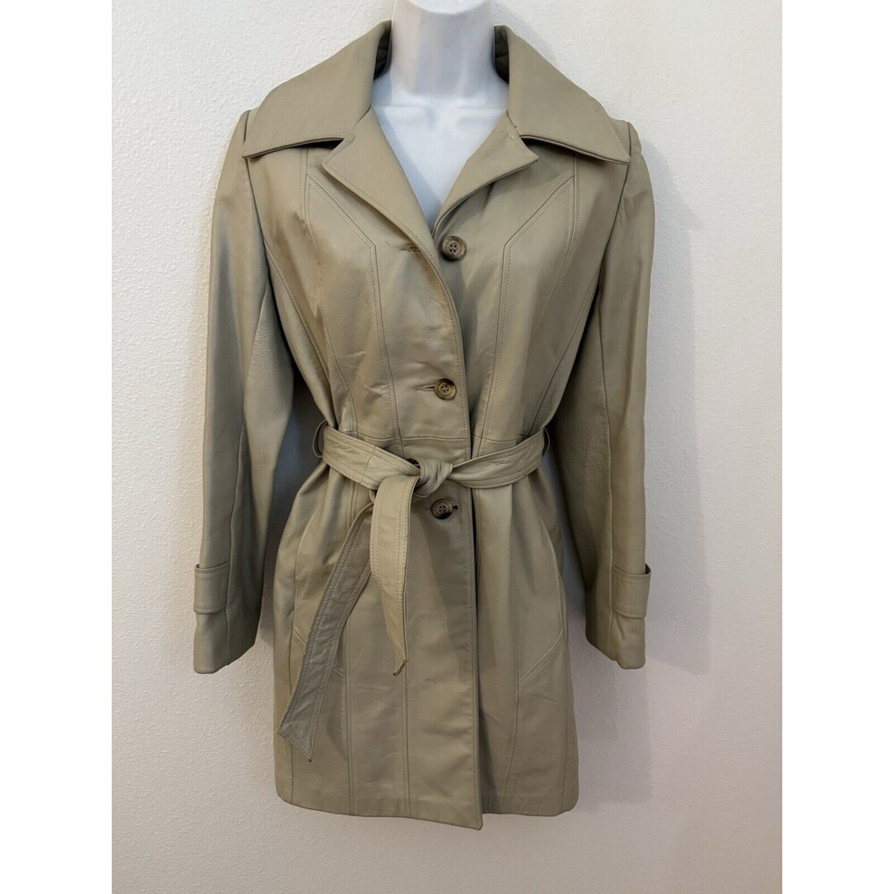 Vintage New England Sportswear Leather Trench Coat Womens Small Almond Tan 70s